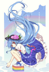 Rule 34 | 1girl, absurdly long hair, black hat, black socks, blue hair, blue nails, blue skirt, cloud, commentary request, flower, frilled skirt, frills, full body, hat, hat flower, highres, hinanawi tenshi, hydrangea, kyouda suzuka, lightning bolt symbol, long hair, looking at viewer, nail polish, own hands together, platform footwear, puddle, rainbow, red eyes, ripples, shirt, shoes, short sleeves, skirt, sneakers, socks, solo, squatting, touhou, very long hair, white footwear, white shirt