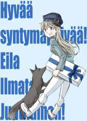 Rule 34 | 1girl, animal, boots, box, character name, eila ilmatar juutilainen, finnish flag, finnish text, fox, gift, gift box, grin, happy birthday, haruichi (sazanami complex), hat, long hair, long sleeves, looking back, military, military uniform, pantyhose, peaked cap, purple eyes, silver hair, smile, solo, strike witches, uniform, white footwear, white pantyhose, world witches series