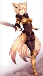 Rule 34 | 1girl, :d, ;d, animal ears, arm guards, armor, armored boots, belt, black gloves, blonde hair, bodysuit, boots, breastplate, confrontation, facial mark, facing viewer, fang, faulds, fox ears, fox tail, full body, funarie, gloves, high heel boots, high heels, holding, holding sword, holding weapon, kitsune, looking at viewer, lovinnee, md5 mismatch, armored boots, one eye closed, open mouth, original, resized, shade, shoulder pads, simple background, smile, solo, standing, sword, tail, weapon, white background, yellow eyes, yellow footwear