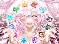 1girl breasts cleavage collarbone commentary diamond-shaped_pupils diamond_(shape) elf elysia_(herrscher_of_human:_ego)_(honkai_impact) elysia_(honkai_impact) english_commentary eye_focus highres honkai_(series) honkai_impact_3rd large_breasts long_hair nude open_mouth pink_hair pointy_ears portrait purple_eyes sakurachan2003 signet_of_bodhi signet_of_daybreak signet_of_decimation signet_of_deliverance signet_of_discipline signet_of_gold signet_of_helix signet_of_infinity signet_of_reverie signet_of_setsuna signet_of_stars signet_of_vicissitude solo symbol-shaped_pupils teeth upper_teeth_only very_long_hair