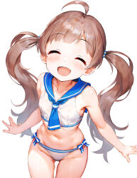 Rule 34 | 1girl, ahoge, armpits, blush, brown hair, closed eyes, dress, flat chest, highres, idolmaster, long hair, navel, open mouth, original, panties, qianlou (qianlou12374), sailor, sailor dress, smile, twintails, underwear, white background