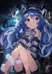 Rule 34 | 1girl, absurdres, alternate costume, alternate hairstyle, animal ears, blue hair, chain, collar, crying, don-chan (usada pekora), hair down, hat, highres, hololive, hololive fantasy, kaamin (mariarose753), long hair, looking at viewer, metal collar, multicolored hair, orange eyes, prison, prison cell, prison clothes, rabbit ears, rabbit girl, short eyebrows, solo, striped clothes, striped headwear, thick eyebrows, two-tone hair, usada pekora, usada pekora (prisoner), virtual youtuber, white hair