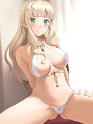 Rule 34 | 1girl, arms behind back, bikini, blonde hair, blunt bangs, blush, breasts, closed mouth, commentary request, elf, gluteal fold, green eyes, highres, large breasts, long hair, meow (nekodenki), navel, original, pointy ears, sitting, smile, solo, swimsuit, thighs, white bikini