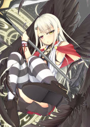 Rule 34 | 1girl, :o, ahoge, angel, black wings, gauntlets, heterochromia, highres, jitome, jougen, long hair, looking at viewer, magic circle, original, red eyes, scythe, solo, striped clothes, striped thighhighs, thighhighs, white hair, wings, wrist cuffs, yellow eyes