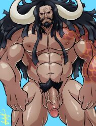 Rule 34 | 1boy, abs, anger vein, arm tattoo, bara, beard, completely nude, covet hiss, curled horns, dark-skinned male, dark skin, facial hair, feet out of frame, flaccid, highres, horns, kaidou (one piece), large hands, large pectorals, large penis, long hair, male focus, male pubic hair, mature male, muscular, muscular male, mustache, nipples, nude, one piece, pectorals, penis, pubic hair, shaded face, solo, standing, stomach, tattoo, thick thighs, thighs, veins, veiny penis