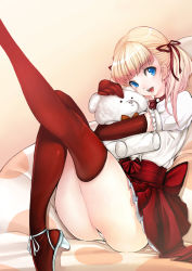 Rule 34 | 1girl, blonde hair, blue eyes, choker, couch, doll, hugging doll, elbow gloves, fasces (jeson110), gloves, high heels, hug, legs, hugging object, open shoes, panties, pantyshot, ribbon, sitting, skirt, socks, solo, stuffed animal, stuffed toy, teddy bear, thighhighs, thighs, twintails, underwear, upskirt