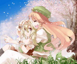 Rule 34 | 2girls, blonde hair, blue sky, cherry blossoms, commentary request, day, dress, closed eyes, female focus, flandre scarlet, grass, grey eyes, hand on head, hat, highres, hong meiling, long hair, multiple girls, no headwear, no headwear, open mouth, pants, petals, pointing, puffy sleeves, red dress, red hair, shirt, short sleeves, shunsuke, sitting, skirt, skirt set, sky, smile, star (symbol), touhou, tree, very long hair, vest, wrist cuffs