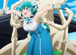 Rule 34 | 1girl, armpits, blue hair, bow, drooling, frilled skirt, frills, hair ribbon, highres, laughing, long hair, magia azure, magical girl, mahou shoujo ni akogarete, mannequin, minakami sayo, official art, open mouth, outdoors, red eyes, restrained, ribbon, screencap, skirt, stitched, tagme, teeth, third-party edit, tickling, torn clothes