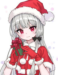 Rule 34 | 1girl, ama-tou, blush, box, capelet, christmas, closed mouth, commentary request, dress, fur-trimmed capelet, fur-trimmed gloves, fur-trimmed headwear, fur trim, gift, gift box, gloves, grey hair, hands up, hat, head tilt, highres, holding, holding gift, long hair, red capelet, red dress, red eyes, red gloves, red hat, santa costume, santa hat, simple background, smile, solo, sophie twilight, tonari no kyuuketsuki-san, upper body, very long hair, white background