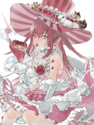 Rule 34 | 1girl, bare shoulders, blue eyes, cake, cake slice, detached sleeves, dragon tail, dress, dress flower, earrings, elizabeth bathory (fate), elizabeth bathory (fate/extra ccc), elizabeth bathory (third ascension) (fate), emasrrkn, fangs, fate/extra, fate/extra ccc, fate/grand order, fate (series), flower, food, hat, hat flower, highres, holding, jewelry, long hair, looking at viewer, open mouth, pink dress, pointy ears, red hair, rose, sketch, solo, striped clothes, striped headwear, stuffed animal, stuffed pig, stuffed squirrel, stuffed toy, tail, tail flower, tail ornament, teeth, top hat, vertical-striped clothes, vertical-striped headwear, white background