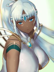 Rule 34 | 1girl, bare shoulders, blue eyes, blue hair, breasts, chest jewel, cleavage cutout, closed mouth, clothing cutout, dark-skinned female, dark skin, dress, forehead jewel, highres, large breasts, long hair, looking at viewer, perun (xenoblade), solo, underboob, upper body, very long hair, white dress, white sleeves, xenoblade chronicles (series), xenoblade chronicles 2, yamamori kinako