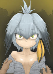 Rule 34 | 10s, 1girl, assisted exposure, bare shoulders, black hair, blonde hair, breast pocket, breasts, breasts apart, closed mouth, collarbone, commentary request, expressionless, eyelashes, green eyes, grey hair, grey shirt, hair between eyes, hands on another&#039;s arms, kaiyuna, kemono friends, long hair, looking at viewer, low ponytail, multicolored hair, no bra, off shoulder, open clothes, open shirt, pocket, shirt, shoebill (kemono friends), side ponytail, small breasts, solo focus, staring, sweat, trembling, upper body