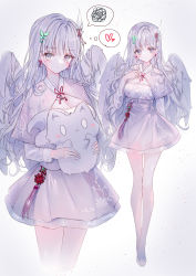 Rule 34 | 2girls, animal, blush, breasts, butterfly hair ornament, capelet, cleavage, closed mouth, commentary request, dress, feathered wings, fox, grey capelet, grey dress, grey eyes, grey hair, grey wings, hair ornament, heart, highres, holding, holding animal, long hair, long sleeves, looking at viewer, medium breasts, multiple girls, original, shoes, spoken heart, spoken squiggle, squiggle, standing, tandohark, very long hair, white footwear, wings