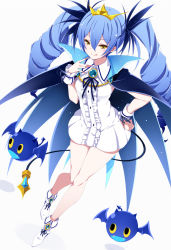 Rule 34 | 1girl, :q, bat (animal), black cape, black ribbon, blue hair, bombergirl, brooch, cape, center frills, collared dress, dress, drill hair, frills, full body, hair between eyes, hair ornament, hand on own hip, hand up, highres, jewelry, lewisia aquablue, long hair, looking at viewer, mutou kurihito, neck ribbon, ribbon, short dress, sidelocks, simple background, sleeveless, sleeveless dress, smile, standing, tail, tiara, tongue, tongue out, twin drills, white background, white dress, white footwear, wrist cuffs, yellow eyes