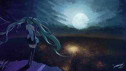 Rule 34 | 1girl, cliff, cloud, cloudy sky, green hair, hatsune miku, highres, long hair, moon, scenery, skirt, sky, solo, sombernight, thighhighs, twintails, vocaloid