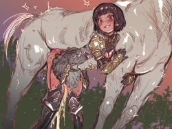 Rule 34 | 1boy, 1girl, 2equal8, armor, bent over, bestiality, blunt bangs, blush, breasts, brown hair, cleavage, clothed sex, cum, cumdrip, erika (shadowverse), eyebrows, grin, happy sex, hetero, horse, looking at viewer, motion lines, nature, outdoors, cum overflow, sex, shadowverse, short hair, smile, solo focus, sweat, thighs, vaginal