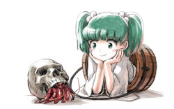 Rule 34 | 1girl, :&gt;, antennae, blunt bangs, blush stickers, bucket, green eyes, green hair, hair bobbles, hair ornament, head rest, hermit crab, in bucket, in container, kisume, looking at another, lying, meimaru inuchiyo, on stomach, skull, smile, touhou, twintails, white background, wide sleeves, wooden bucket