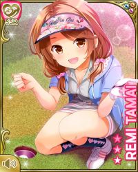 Rule 34 | 1girl, :d, bare legs, blue jacket, brown eyes, brown hair, card (medium), day, dress, girlfriend (kari), golf, golf club, golf course, jacket, kneeling, looking at viewer, low twintails, official art, open mouth, outdoors, pink background, qp:flapper, smile, solo, tagme, tamai remi, twintails, white dress