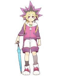 Rule 34 | 1boy, blonde hair, chesha, dyed bangs, full body, highres, long hair, male focus, multicolored hair, multiple boys, muto yugi, purple eyes, shorts, simple background, smile, solo, spiked hair, umbrella, white background, yu-gi-oh!, yu-gi-oh! duel monsters