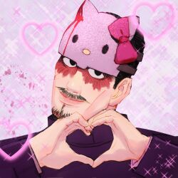 Rule 34 | 1boy, black hair, blood, blood on face, facial hair, forehead protector, goatee, golden kamuy, hair slicked back, heart, heart hands, hello kitty, hello kitty (character), highres, looking at viewer, male focus, merchandise, mustache, raiz art, sanrio, scar, scar on face, short hair, smile, solo, sparkle, tsurumi tokushirou, upper body