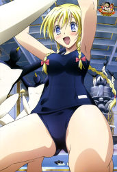 Rule 34 | 1girl, absurdres, blonde hair, blue eyes, bow, hair bow, highres, kenzen robo daimidaler, non-web source, nyantype, official art, one-piece swimsuit, open mouth, rikantsu seabury, school swimsuit, solo, swimsuit, twintails