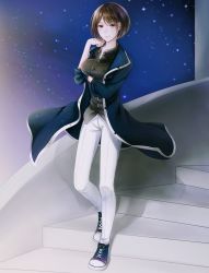 Rule 34 | 1girl, blue background, breast lift, breasts, brown eyes, brown hair, cross-laced footwear, full body, hand up, highres, jacket, large breasts, light smile, murasaki arashi, original, pants, shoes, short hair, sky, sneakers, solo, stairs, standing, star (sky), starry sky, white pants