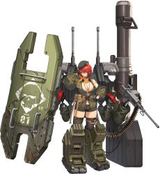 Rule 34 | 1girl, 2v (joyeong), :&lt;, ammunition belt, areola slip, arm behind head, ballistic shield, belt, belt pouch, beret, black gloves, black shorts, black thighhighs, breasts, broken shield, brown belt, browning m2, cannon, character name, cleavage, cleavage cutout, closed mouth, clothing cutout, dog tags, earrings, front-tie top, full body, game cg, gloves, green hat, green jacket, gun, hair between eyes, hat, heavy machine gun, highres, huge weapon, jacket, jewelry, large breasts, last origin, linea alba, looking at viewer, machine gun, mechanical boots, military hat, military jacket, military uniform, mole, mole on breast, nashorn (last origin), navel, off-shoulder jacket, off shoulder, official art, open clothes, open jacket, pouch, red hair, scarf, scratches, shield, short hair, short shorts, shorts, shoulder tattoo, simple background, skindentation, solo, standing, tachi-e, tank top, tattoo, thigh pouch, thighhighs, third-party source, transparent background, treadmill, uniform, weapon, wrist belt, yellow eyes, yellow scarf