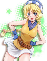 Rule 34 | 1girl, :d, armpit peek, bare shoulders, belt, blonde hair, blue eyes, blue gloves, blue hat, blue scarf, bow, braid, braided ponytail, breasts, brown belt, commentary request, fire emblem, fire emblem: genealogy of the holy war, gloves, hair bow, hands on own hips, hat, long hair, looking at viewer, low-tied long hair, medium breasts, miniskirt, multicolored clothes, multicolored hat, nintendo, open mouth, orange shirt, patty (fire emblem), polka dot, polka dot background, scarf, shirt, single braid, skirt, sleeveless, sleeveless shirt, smile, solo, umehime, white skirt
