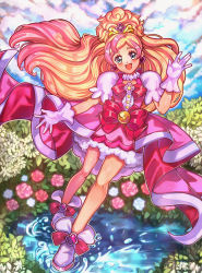 Rule 34 | :d, absurdres, bare legs, blonde hair, bow, center frills, cloud, cure flora, earrings, flower, flower earrings, flower necklace, frills, full body, gloves, go! princess precure, gradient hair, green eyes, hair ornament, haruno haruka, highres, inkfy, jewelry, leaf, long hair, looking at viewer, magical girl, multicolored hair, necklace, open mouth, outdoors, petticoat, pink bow, pink flower, pink hair, pink rose, pink skirt, precure, puddle, rose, shiny skin, shoes, skirt, smile, solo, streaked hair, thick eyebrows, waist bow, water, white footwear, white gloves