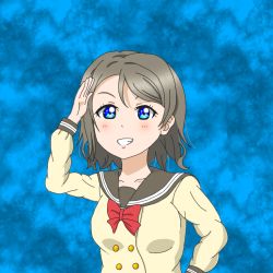 Rule 34 | 1girl, aqua eyes, artist name, artist request, blue background, blue eyes, blush, bow, bowtie, breasts, brown hair, buttons, collarbone, collared shirt, female focus, grey hair, grey sailor collar, hair between eyes, hand on own hip, light brown hair, long sleeves, looking at viewer, love live!, love live! sunshine!!, medium breasts, parted lips, red bow, red bowtie, sailor collar, salute, school uniform, shirt, short hair, smile, solo, upper body, uranohoshi school uniform, watanabe you, white shirt, yellow buttons