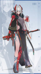 Rule 34 | 1girl, character name, character profile, character sheet, chinese clothes, closed mouth, concept art, full body, fur collar, gloves, hair between eyes, highres, insnow, katana, long hair, looking at viewer, lucia: crimson abyss (punishing: gray raven), mechanical arms, mechanical legs, punishing: gray raven, red eyes, red gloves, sheath, sheathed, single mechanical arm, single mechanical leg, solo, sword, weapon, white background, white hair