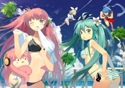 Rule 34 | 3girls, :3, adjusting clothes, adjusting swimsuit, ass, bad id, bad pixiv id, beach, bikini, blonde hair, blue eyes, blue hair, blue scarf, blue sky, blush, breasts, camera, day, flower, food, fundoshi, green eyes, green hair, hair flower, hair ornament, hatsune miku, japanese clothes, jumping, kagamine rin, kaito (vocaloid), large breasts, long hair, looking at viewer, looking back, megurine luka, mouth hold, multiple girls, nauribon, navel, object in mouth, one eye closed, open mouth, outdoors, parasol, pink hair, popsicle, sandals, scarf, short hair, side-tie bikini bottom, sky, sparkle, striped bikini, striped clothes, swimsuit, takoluka, towel, twintails, umbrella, underboob, vocaloid, water, wink