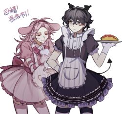 2boys alternate_costume animal_ears apron back_bow black_eyes black_hair black_shirt black_skirt blush_stickers bow bowtie chinese_commentary chinese_text chunaizhanshi23057 closed_mouth collared_shirt commentary_request cosplay crossdressing demon_tail elbow_gloves enmaided food frilled_skirt frills frown garter_straps gloves hair_between_eyes hairband hand_on_own_hip hatsutori_hajime highres holding holding_pastry_bag holding_plate kuromi kuromi_(cosplay) maid male_focus male_maid multiple_boys my_melody my_melody_(cosplay) neck_ribbon omelet omurice onegai_my_melody outline pink_bow pink_bowtie pink_gloves pink_hair pink_hairband pink_skirt pink_thighhighs plate rabbit_ears ribbon saibou_shinkyoku sanrio shirt simple_background single_blush_sticker skirt smile striped_apron striped_clothes striped_gloves striped_shirt tail thighhighs translation_request trap utsugi_noriyuki vertical-striped_apron vertical-striped_clothes vertical-striped_shirt white_apron white_background white_gloves white_outline zettai_ryouiki