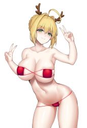 Rule 34 | 1girl, ahoge, antlers, bare shoulders, bikini, blonde hair, blush, braid, breasts, cleavage, closed mouth, collarbone, commentary, contrapposto, cowboy shot, double v, eyepatch bikini, fate/grand order, fate (series), green eyes, hair between eyes, horns, large breasts, looking at viewer, mahou kyuuri, navel, nero claudius (fate), nero claudius (fate) (all), nero claudius (fate/extra), red bikini, reindeer antlers, short hair, simple background, skindentation, smile, solo, standing, strapless, strapless bikini, swimsuit, v, white background