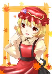 Rule 34 | 1girl, aki minoriko, arm behind back, blonde hair, border, dress, female focus, food, food-themed clothes, fruit, grapes, hand on own shoulder, hat, leaf, long sleeves, looking at viewer, maple leaf, open mouth, puffy sleeves, red dress, red eyes, royaleden, short hair, simple background, solo, touhou, white background