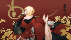 Rule 34 | anklet, barefoot, blonde hair, calligraphy brush, chinese clothes, floral print, genshin impact, hair ornament, hanfu, heitian keji, highres, jewelry, legs up, looking at viewer, looking back, lumine (genshin impact), lying, off shoulder, on stomach, paintbrush, yellow eyes