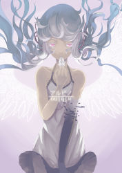 Rule 34 | 1girl, albino (vocaloid), aqua hair, chemise, digital dissolve, elbow gloves, feathers, floating hair, gloves, hair ribbon, hatsune miku, highres, looking at viewer, madyy, mouth hold, red eyes, ribbon, single elbow glove, single glove, solo, vocaloid, wings