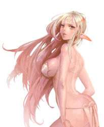 Rule 34 | 1girl, arched back, arm at side, ass, back, blonde hair, breasts, cowboy shot, ddubu, elf, eyelashes, eyeliner, from side, green eyes, highres, large breasts, lips, lipstick, loincloth, long hair, makeup, nose, original, parted lips, pelvic curtain, pink lips, pointy ears, simple background, solo, strap gap, very long hair, white background