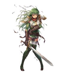 Rule 34 | 1girl, armor, belt, boots, breastplate, broken, broken armor, broken weapon, cross-laced footwear, cuboon, dress, elbow gloves, female focus, fire emblem, fire emblem: mystery of the emblem, fire emblem heroes, full body, gloves, green eyes, green footwear, green hair, green thighhighs, headband, highres, injury, lace-up boots, long hair, matching hair/eyes, nintendo, official art, open mouth, palla (fire emblem), pantyhose, ryona, short dress, shoulder pads, solo, sword, thigh boots, thighhighs, torn clothes, torn legwear, transparent background, weapon