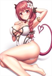 Rule 34 | 1girl, arm scrunchie, armlet, ass, black scrunchie, braid, braided ponytail, breasts, cameltoe, choker, cleavage, closed mouth, covered erect nipples, cross-laced clothes, cross-laced one-piece swimsuit, demon girl, demon horns, demon tail, feet, flower, frilled one-piece swimsuit, frills, gem, hair flower, hair ornament, heart, heart tail, horns, io (princess connect!), io (summer) (princess connect!), lambda (kusowarota), long hair, looking at viewer, lying, on side, one-piece swimsuit, princess connect!, red gemstone, red hair, scrunchie, simple background, smile, solo, swimsuit, tail, white background, white choker