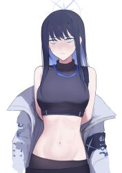 Rule 34 | 1girl, absurdres, bare shoulders, black shirt, blue archive, blue eyes, blue hair, coat, commentary request, crop top, highres, long hair, long sleeves, looking at viewer, midriff, navel, open clothes, open coat, saiun sigma, saori (blue archive), shirt, simple background, sleeveless, sleeveless shirt, solo, stomach, upper body, white background, white coat