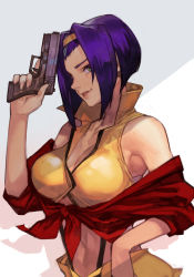 Rule 34 | 1girl, aqua eyes, breasts, clothes around waist, collarbone, cowboy bebop, crop top, faye valentine, feet out of frame, gun, hairband, handgun, hungry clicker, large breasts, lips, lipstick, looking at viewer, makeup, navel, purple hair, red shirt, shirt, shirt around waist, short hair, short shorts, shorts, smile, solo, suspenders, weapon