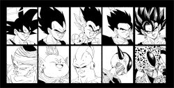 Rule 34 | 6+boys, antennae, armor, biceps, black border, black eyes, black hair, black sclera, border, cell (dragon ball), close-up, closed eyes, closed mouth, colored sclera, dai kaioushin, dragon ball, dragonball z, earrings, evil smile, facing viewer, fenyon, finger to face, fingernails, fingers together, frieza, gloves, gotenks, greyscale, grin, halo, hand up, head down, high collar, highres, horns, imperfect cell, jewelry, long fingernails, looking afar, looking at viewer, majin buu, male focus, metamoran vest, mohawk, monochrome, multicolored hair, multiple boys, neckerchief, over shoulder, piccolo, pointy ears, potara earrings, profile, saiyan armor, simple background, slit pupils, smile, son gohan, son goku, spiked hair, streaked hair, super buu, sword, sword over shoulder, tail, turban, vegeta, vegetto, weapon, weapon over shoulder, white background