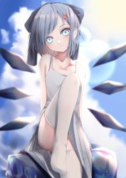 Rule 34 | 1girl, alternate costume, blue eyes, blue hair, blurry, cirno, clothes lift, cloud, collarbone, convenient censoring, convenient leg, depth of field, dress, dress lift, expressionless, hair ornament, hairclip, highres, ice, ice cube, ice wings, leg up, lens flare, looking at viewer, short hair, sitting, sky, sleeveless, sleeveless dress, snowflake print, solo, sun, thighhighs, thighs, touhou, tsune (tune), white thighhighs, wings