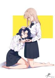 Rule 34 | 2girls, absurdres, adachi sakura, adachi to shimamura, bare legs, barefoot, black hair, black neckwear, black skirt, bow, bowtie, collared shirt, commentary request, dated, closed eyes, hair ornament, hairclip, hand on another&#039;s head, hand on own chest, head on another&#039;s stomach, highres, kneeling, light brown hair, long hair, long sleeves, looking at another, medium hair, multiple girls, parted lips, pleated skirt, ppchen, purple eyes, school uniform, shadow, shimamura hougetsu, shirt, shirt tucked in, signature, skirt, two-tone background, white background, white shirt, yellow background, yuri