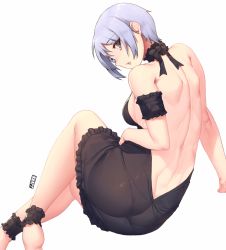 Rule 34 | 1girl, ankle cuffs, ankle garter, anklet, arm garter, arm support, armlet, artist name, ass, back, backless dress, backless outfit, bad id, bad twitter id, bare arms, bare shoulders, barefoot, black bow, black dress, black ribbon, blue hair, bow, breasts, brown eyes, choker, dress, eyelashes, frilled dress, frills, halterneck, jewelry, jjune, leaning to the side, looking at viewer, looking back, medium breasts, original, pantylines, parted lips, pink lips, ribbon, short dress, short hair, sideboob, sideways glance, silver hair, simple background, sitting, skin tight, solo