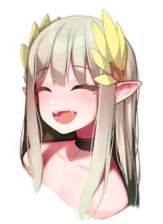 Rule 34 | 1girl, absurdres, arknights, beudelb, black choker, blush, brown hair, choker, collarbone, commentary, cropped torso, closed eyes, fang, highres, korean commentary, laurel crown, long hair, muelsyse (arknights), open mouth, pointy ears, portrait, simple background, solo, white background
