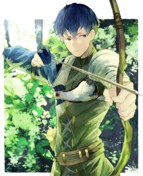 Rule 34 | 1boy, arrow (projectile), blue hair, bow (weapon), day, drawing bow, fire emblem, fire emblem echoes: shadows of valentia, fire emblem gaiden, forest, holding, holding bow (weapon), holding weapon, male focus, nature, nintendo, outdoors, outside border, python (fire emblem), solo, tree, weapon