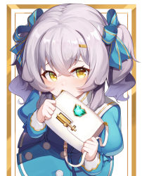 Rule 34 | 1girl, bag, blue bow, blue dress, blush, bow, btraphen, covered mouth, dress, gem, grey hair, hair between eyes, hair bow, handbag, hands up, highres, holding, holding bag, juliet sleeves, long sleeves, looking at viewer, original, puffy sleeves, revision, sailor collar, sailor dress, solo, striped, striped bow, twintails, white background, white sailor collar, yellow eyes
