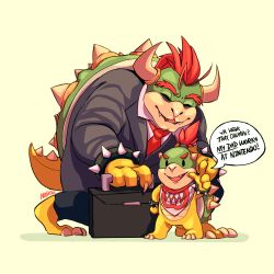 Rule 34 | 2boys, arm up, artist name, bandana, barefoot, black eyes, black jacket, black pants, bowser, bowser jr., bracelet, briefcase, business suit, claws, closed eyes, doug bowser, english text, fang, father and son, formal, hand on own hip, happy, highres, holding, horns, jacket, jewelry, long sleeves, looking at viewer, male focus, mario (series), mornincoffeerun, multiple boys, name connection, necktie, nintendo, no humans, on one knee, open mouth, outstretched arm, pants, pointing, pointing at viewer, red hair, red neckwear, sharp teeth, shirt, signature, simple background, smile, speech bubble, spiked bracelet, spikes, standing, suit, tail, talking, teeth, text focus, topknot, white shirt, yellow background